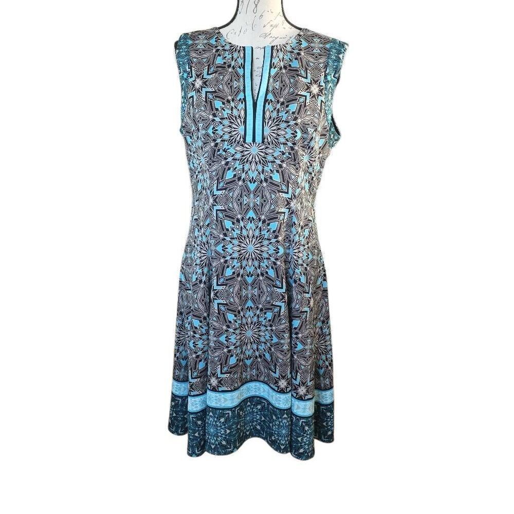 Adorne Women's Size 14 Blue Gray Geometric Print Sleeveless A-line Midi Dress